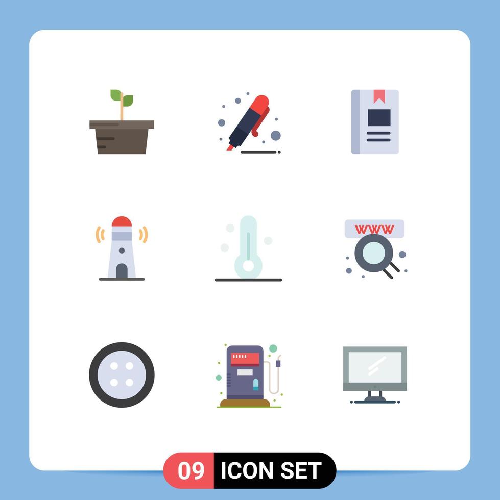paquete de 9 signos y símbolos de colores planos modernos para medios de impresión web, como la construcción de libros de faros naturales que leen elementos de diseño de vectores editables