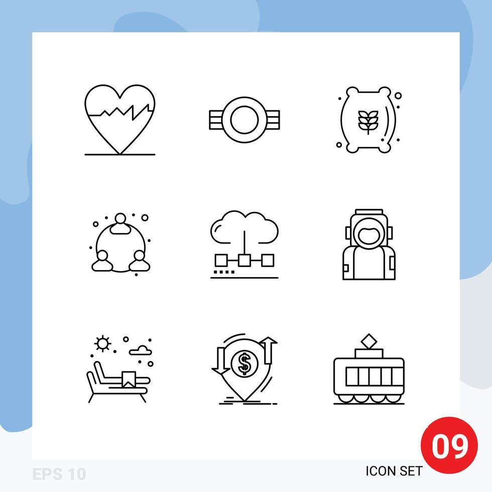Pack of 9 Modern Outlines Signs and Symbols for Web Print Media such as engine cloud flour network web Editable Vector Design Elements