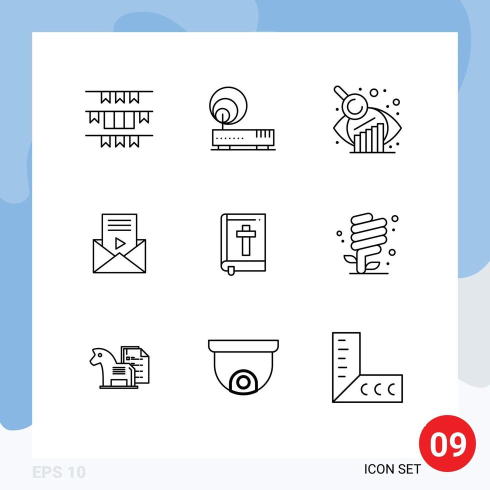 Pack of 9 creative Outlines of book video player network sms mail Editable Vector Design Elements