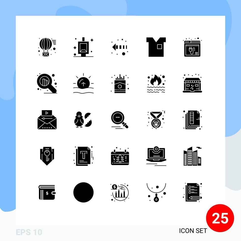 25 User Interface Solid Glyph Pack of modern Signs and Symbols of plugin browser direction t shirt fashion Editable Vector Design Elements