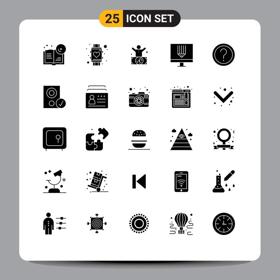 25 Universal Solid Glyph Signs Symbols of development computer watch coding person Editable Vector Design Elements