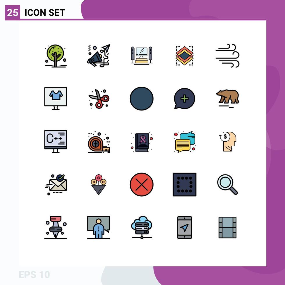 25 símbolos de signos de color plano de línea rellena universal del servidor meteorológico capa de computadora capas elementos de diseño vectorial editables vector