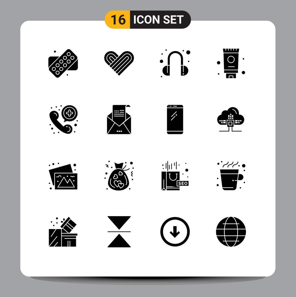 16 Solid Glyph concept for Websites Mobile and Apps envelope telephone support medical call Editable Vector Design Elements
