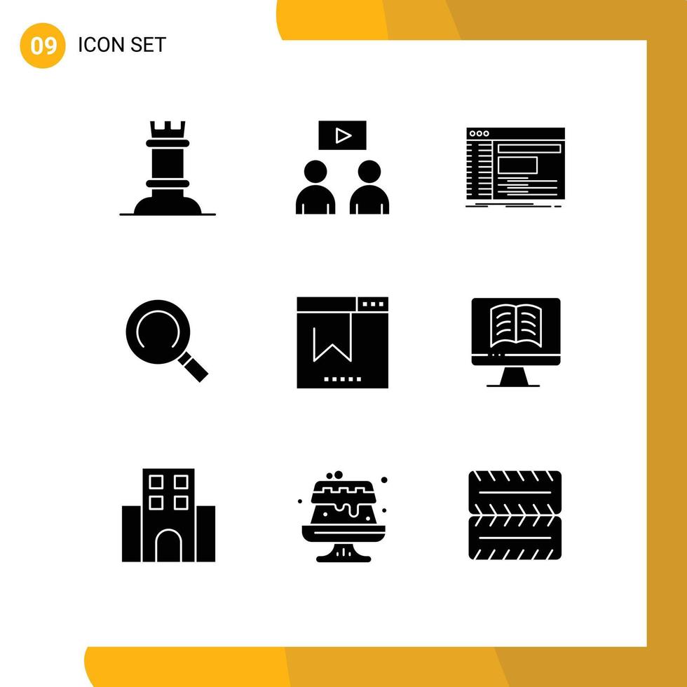 Pack of 9 creative Solid Glyphs of website browser panel bookmark magnifier Editable Vector Design Elements