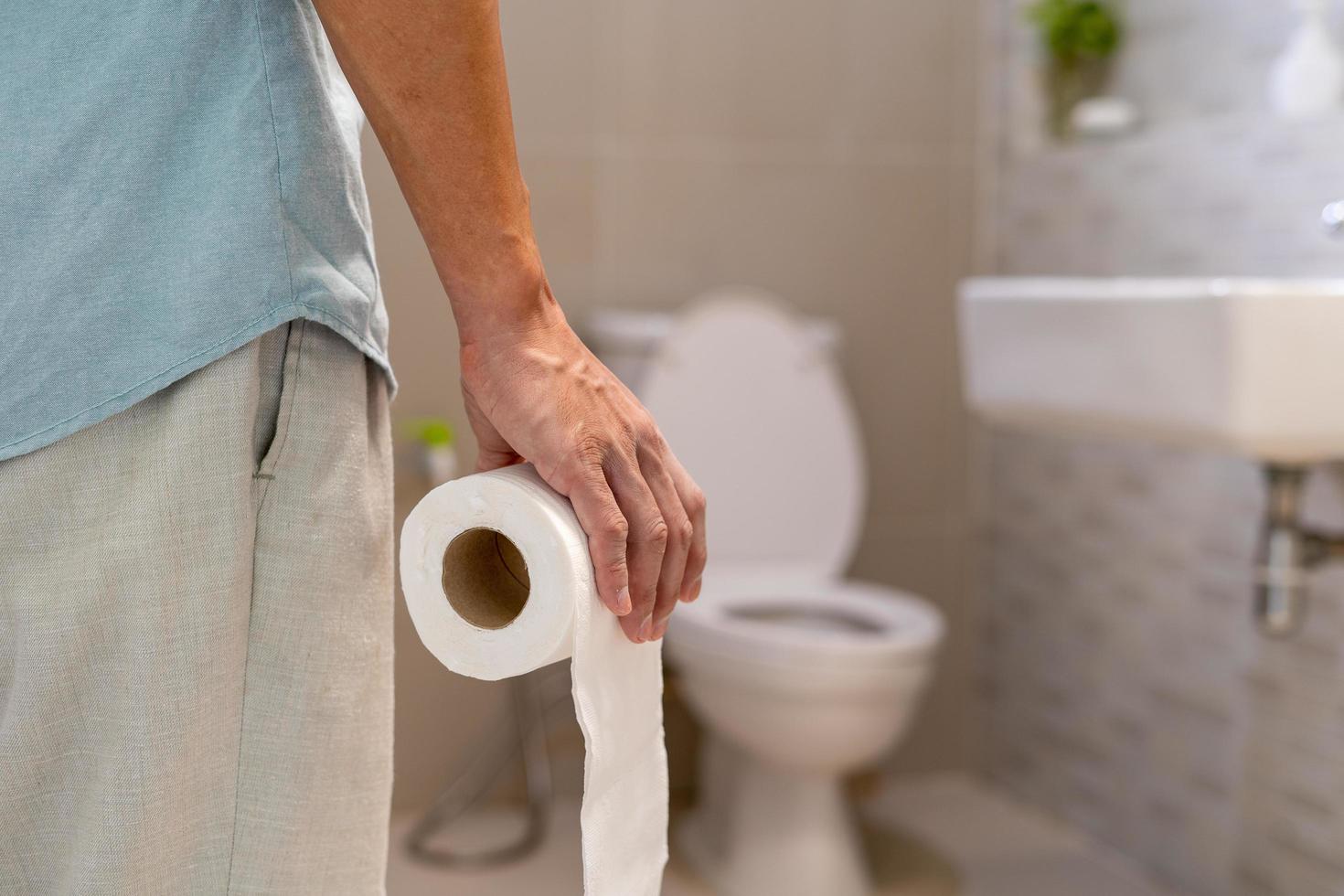 Constipation and diarrhea in bathroom. Hurt man touch belly  stomach ache painful. colon inflammation problem, toxic food, abdominal pain, abdomen, constipated in toilet, stomachache, Hygiene photo