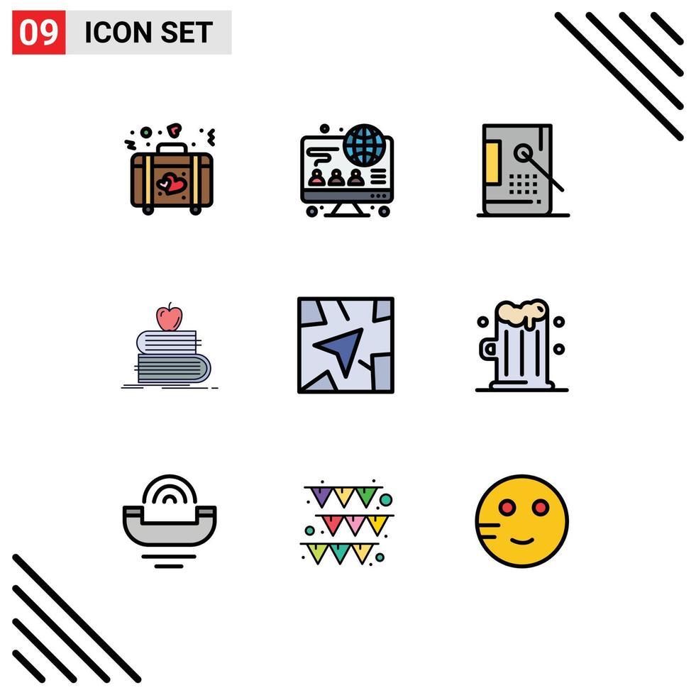 Set of 9 Vector Filledline Flat Colors on Grid for gps books coding student back to school Editable Vector Design Elements