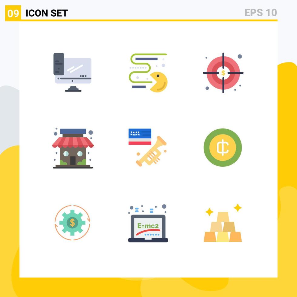 Mobile Interface Flat Color Set of 9 Pictograms of speaker store play shop market Editable Vector Design Elements