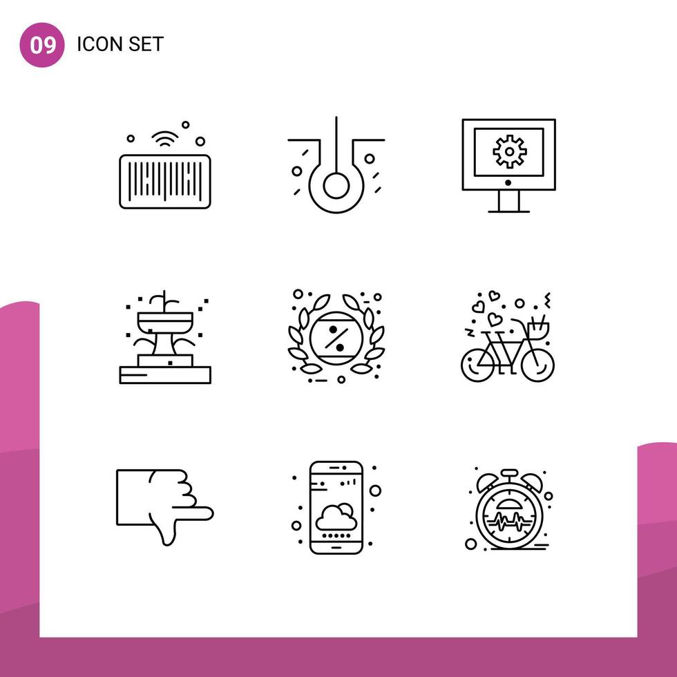 Modern Set of 9 Outlines Pictograph of discount tag technical assistance park fountain Editable Vector Design Elements