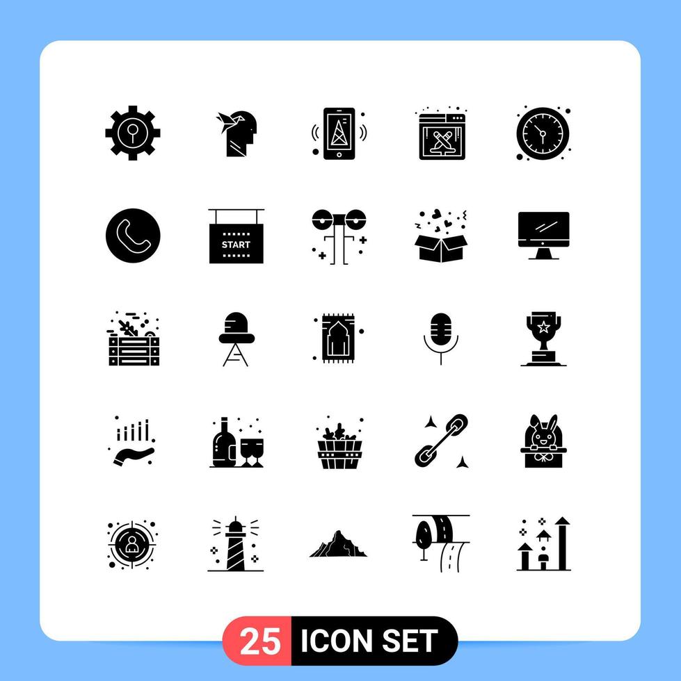 Group of 25 Modern Solid Glyphs Set for time work internet software design Editable Vector Design Elements