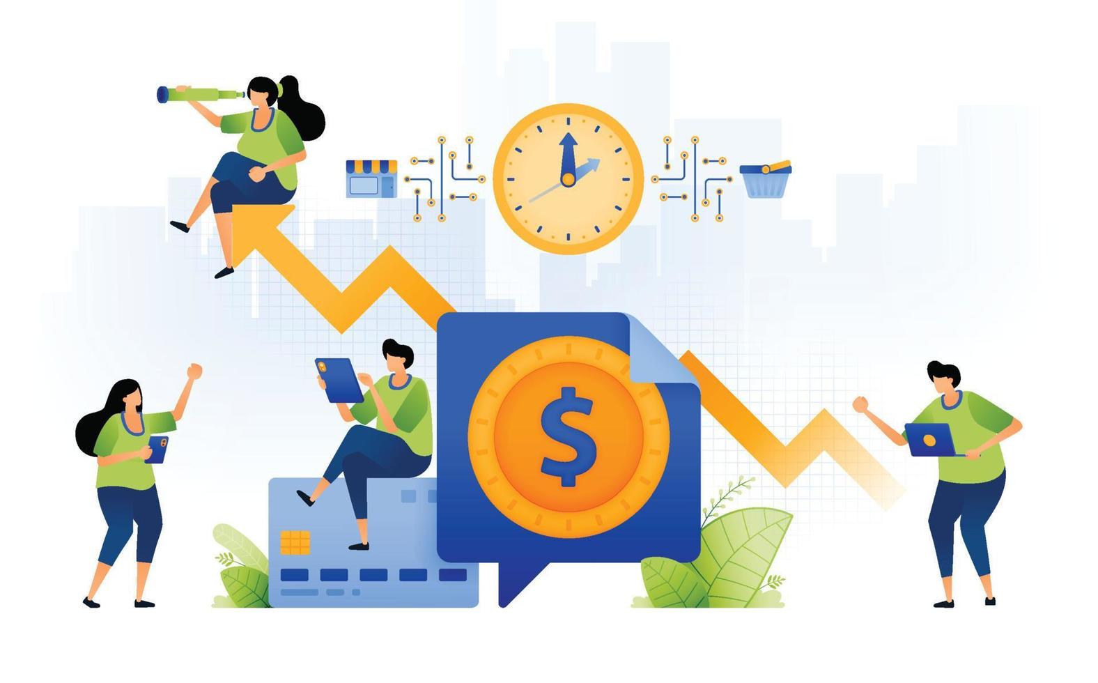 design illustration of progress in economic growth and banking. target credit card customers. increase of purchases and shopping in ecommerce. can be used for web, website, posters, apps, brochures vector