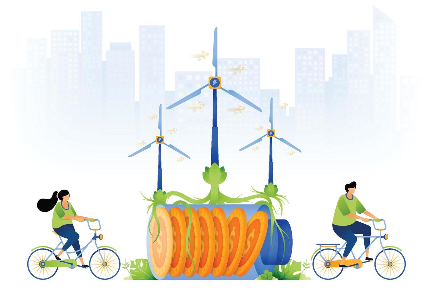 ilustración de energía respetuosa con el medio ambiente con bajo costo y emisiones. molinos de viento y enredaderas que atan pilas de dinero y gente en bicicleta. se puede utilizar para web, sitio web, carteles, aplicaciones, folletos vector