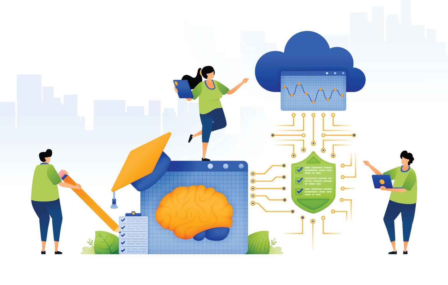 illustration of analyzing student merit with artificial intelligence. ai in education. protected and secure between cloud network and ai system. can be used for web, website, posters, apps, brochures vector