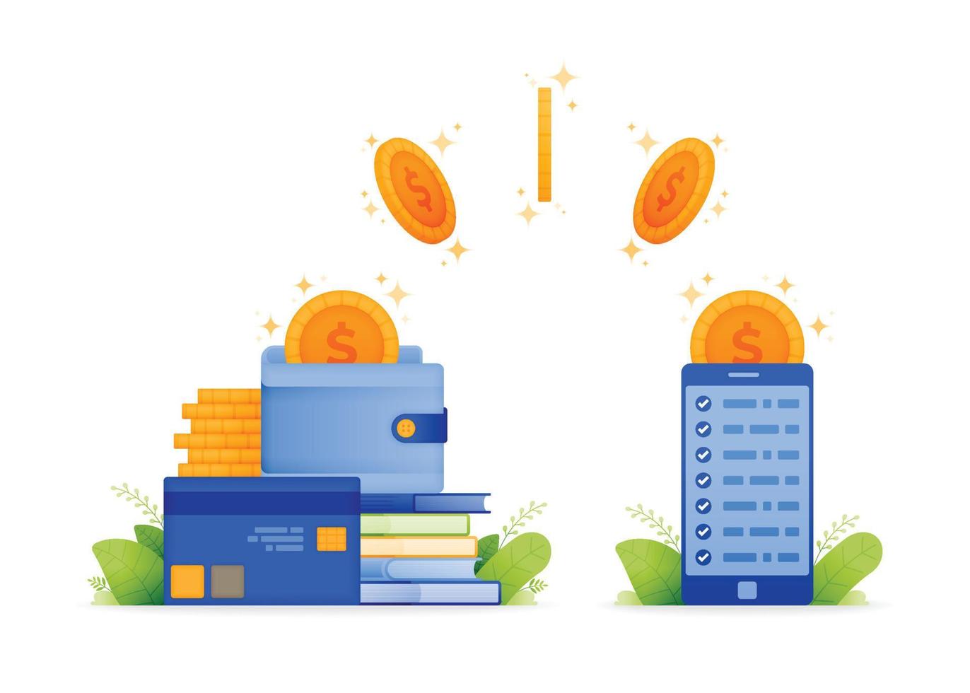 illustration design for finance, investment and digital banking or cashless. money that comes out of wallet and flies to smartphone. can be used for web, website, posters, apps, brochures vector