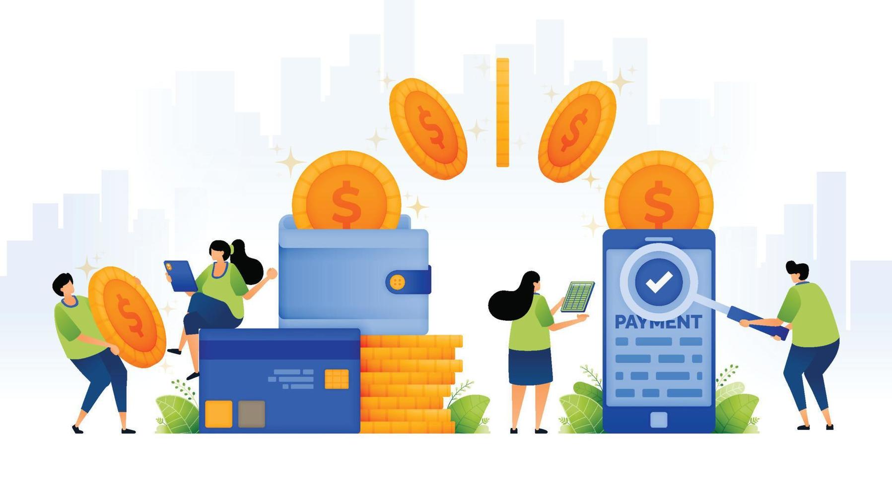 design illustration of digital public financial system or cashless. people move coins from wallets to smartphones. payment and investments. can be used for web, website, posters, apps, brochures vector