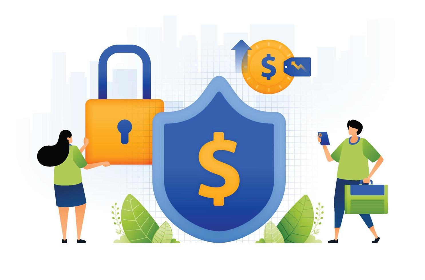 illustration of safe and protected financial system. people develop networked financial system more protected with dollar sign in shield. can be used for web, website, posters, apps, brochures vector