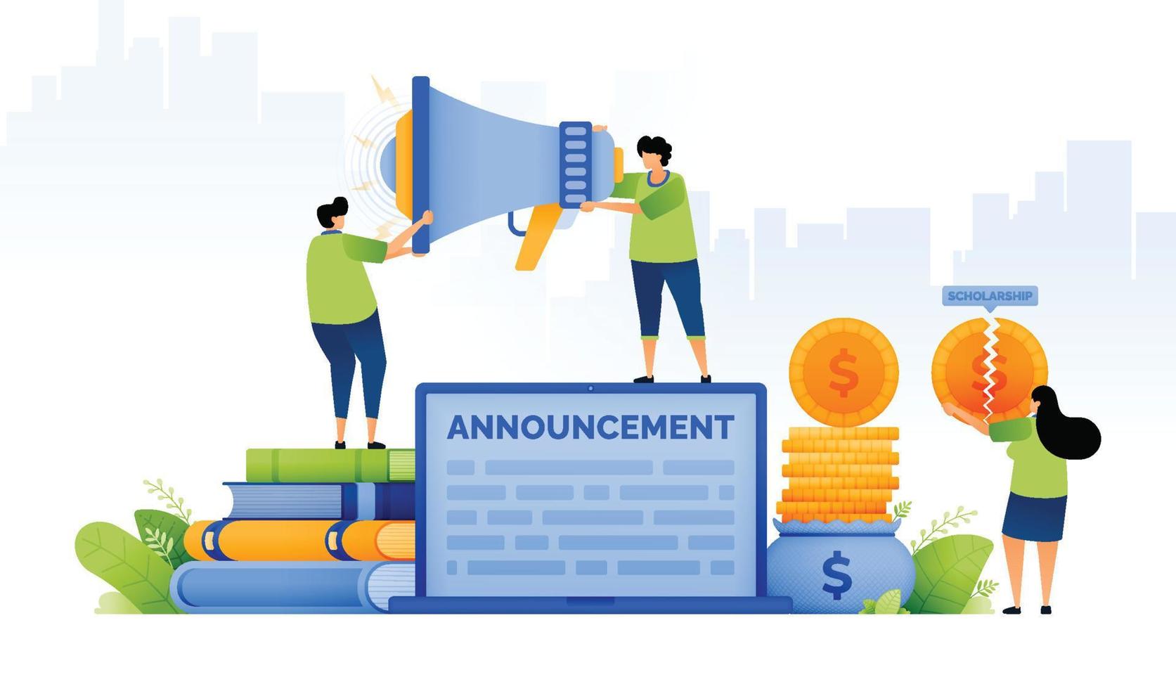 design illustration of tuition reduction announcement with merit educational scholarship program. students holding megaphones and broken coins. can be used for web, website, posters, apps, brochures vector