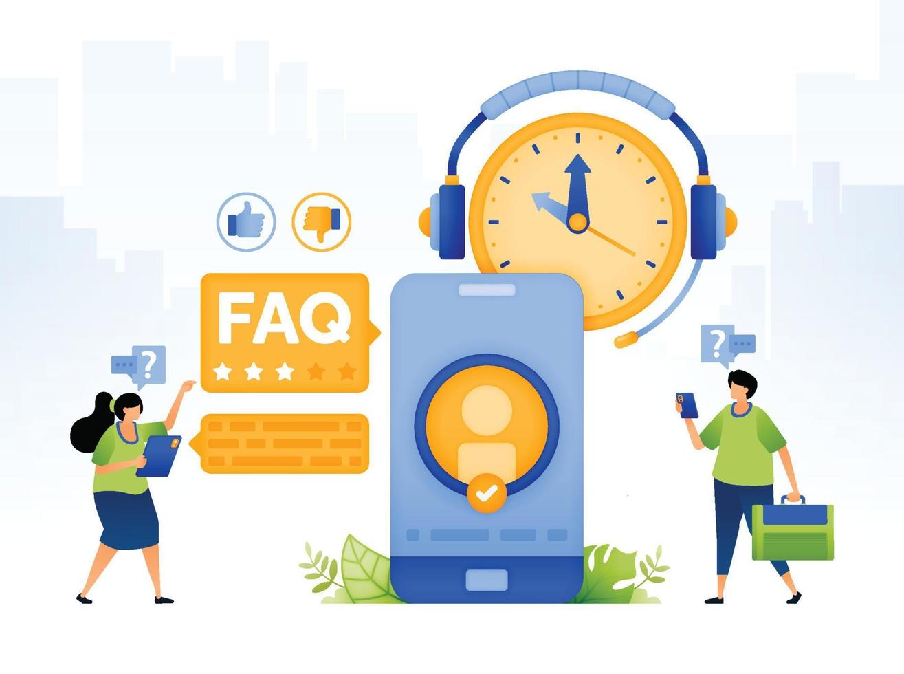 design illustrations of 24 hour complaints FAQ apps to customer service. Customer support services using apps helps users to solve problems. can be used for web, website, posters, apps, brochures vector