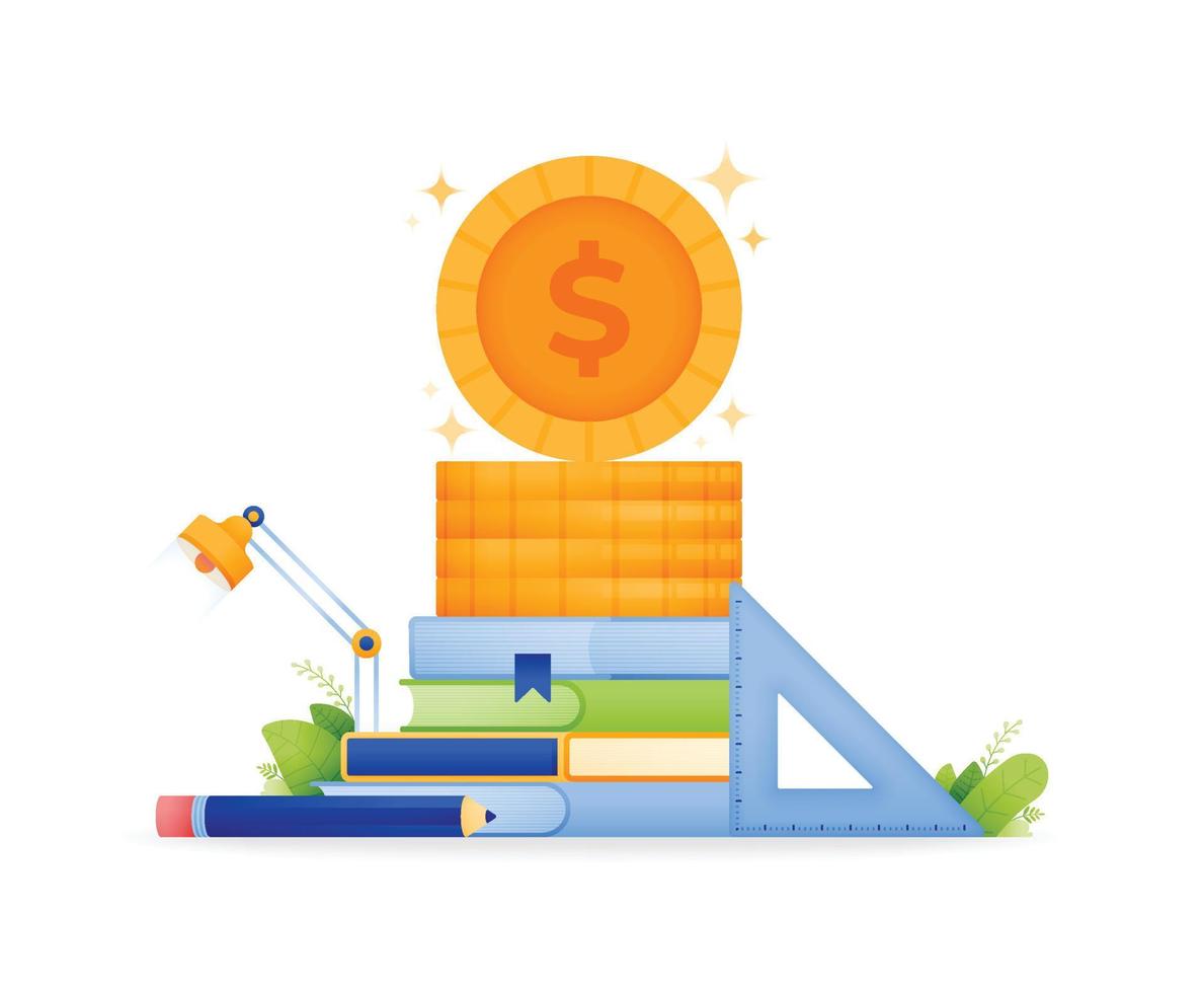 design illustration for education scholarship program. a pile of coins on a pile of books and school stationery. can be used for web, website, posters, apps, brochures vector