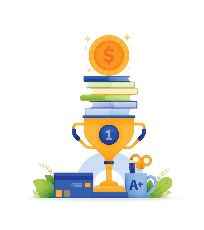 ilustración del programa de becas educativas. trofeo con pila de libros y monedas de dólar y útiles escolares. se puede utilizar para web, sitio web, carteles, aplicaciones, folletos vector