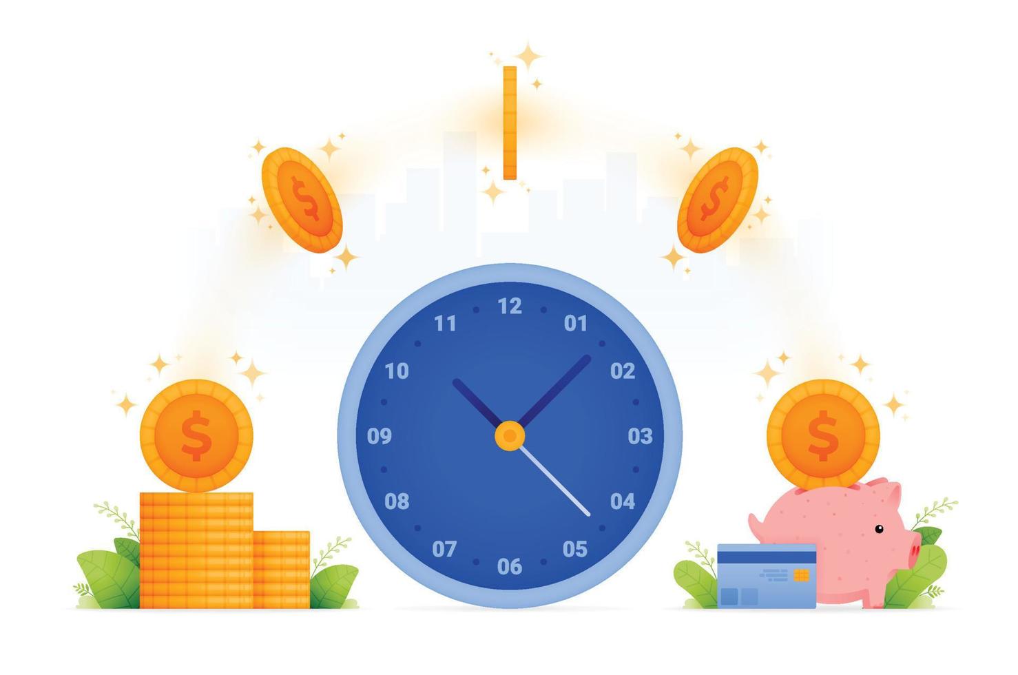 illustration design of financial management and banking. time to save. stacks of coins fly into the piggy bank. saving and investment. can be used for web, website, posters, apps, brochures vector