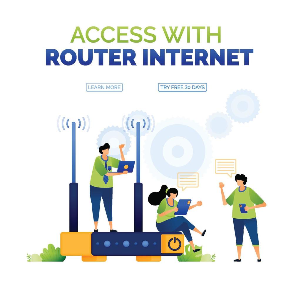 illustration of people accessing the internet with routers and communicating with each other. illustration of activities for internet service providers. can use for ad, poster, campaign, website, apps vector