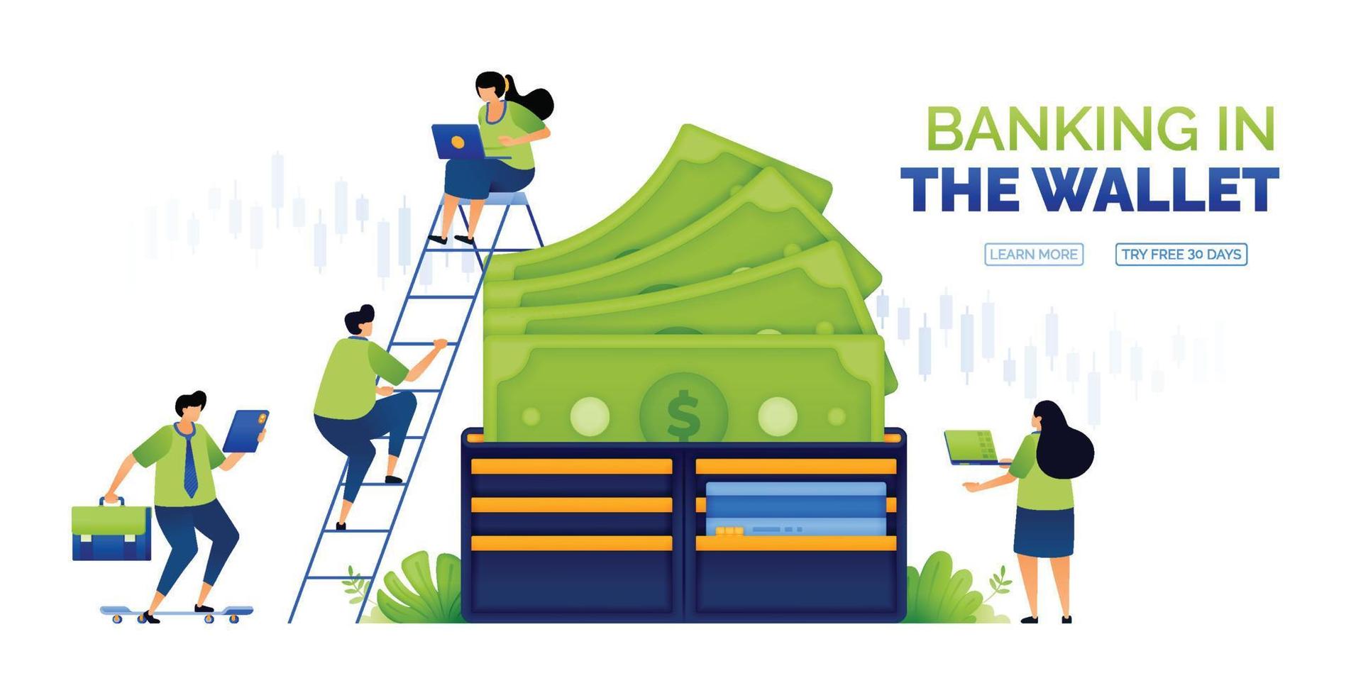 illustration of people using green dollars in wallet. money for financial and banking sectors. dollar bills coming out of wallet. cashless society. can use for ad, poster, campaign, website, apps vector