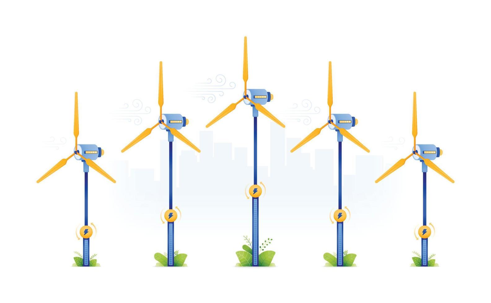 ilustración de diseño para energía verde usando fuente eólica. molinos de viento para energías alternativas socialmente amigables, de bajo consumo y seguras para las zonas urbanas. se puede utilizar para web, sitio web, carteles, aplicaciones, folletos vector