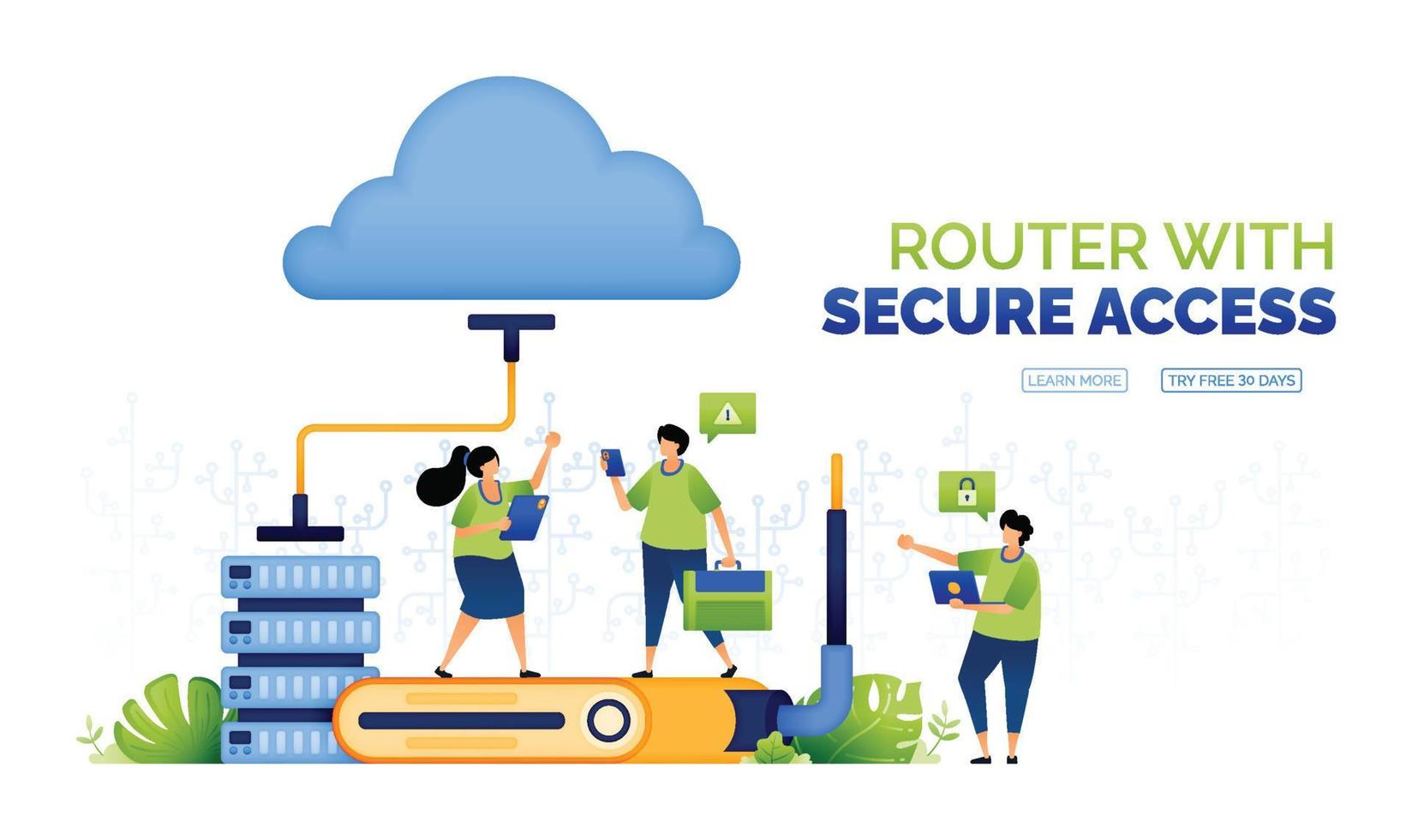 ilustración de personas que acceden a una red de base de datos en la nube para trabajar y comunicarse con acceso wifi a Internet proporcionado con tecnología de enrutador de hardware. puede usar para anuncios, carteles, campañas, aplicaciones vector