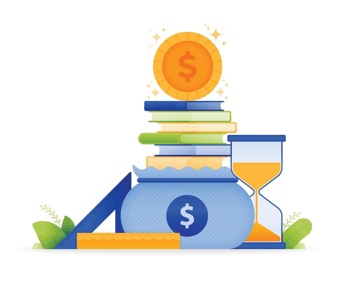 design illustration of an educational funding program and scholarship with merit system. pile of books in sack with coins on top. can be used for web, website, posters, apps, brochures vector