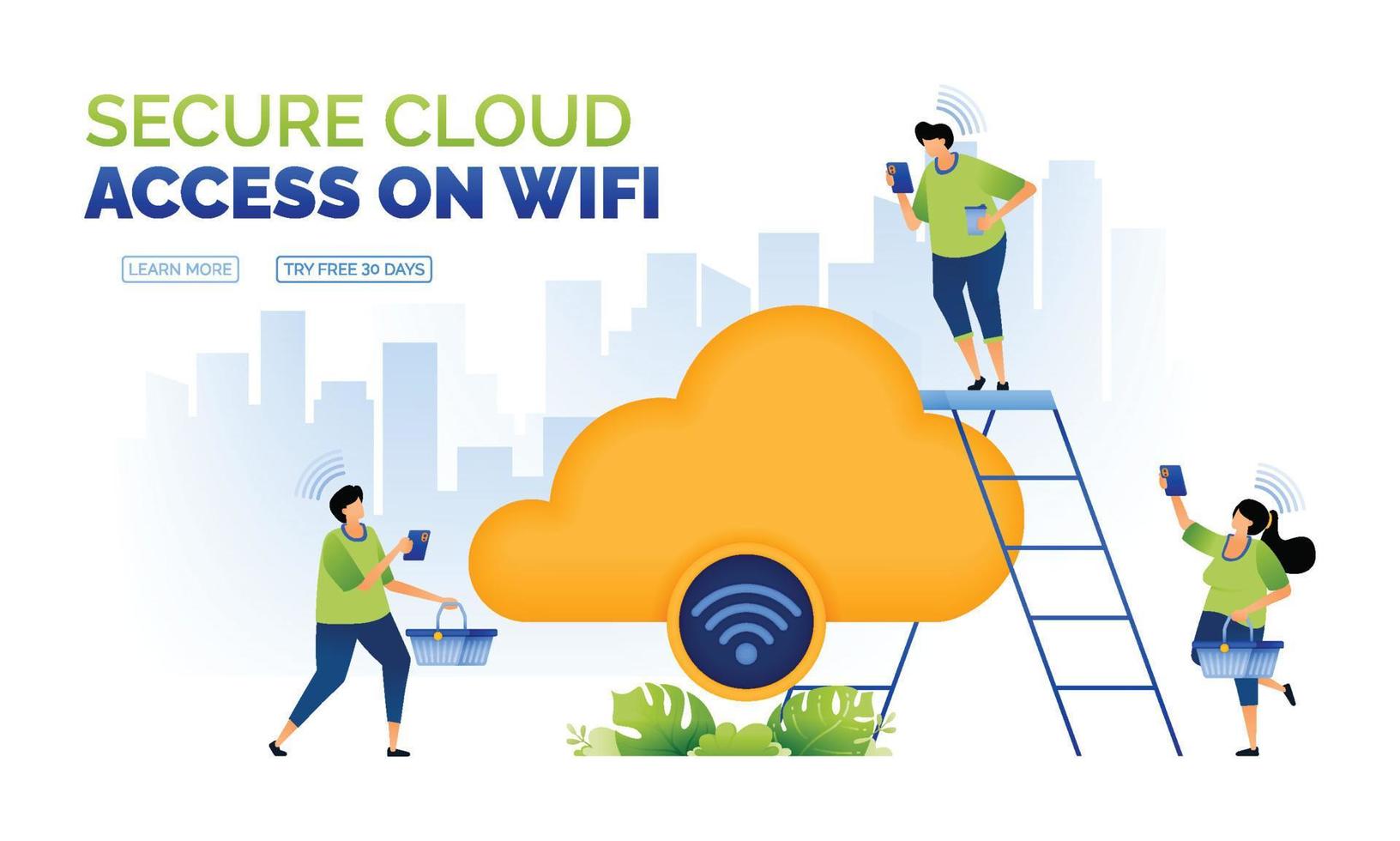 Illustration of people in urban areas accessing internet 4.0 connected to the cloud for daily activities such as shopping, working, studying and having fun. can use for ad, poster, campaign, apps vector
