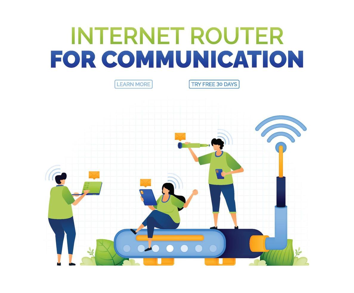 illustration of people sending email to communicate with wifi internet access on a router service network. cheap and easy internet access service for everyone. can use for ad, poster, campaign, apps vector