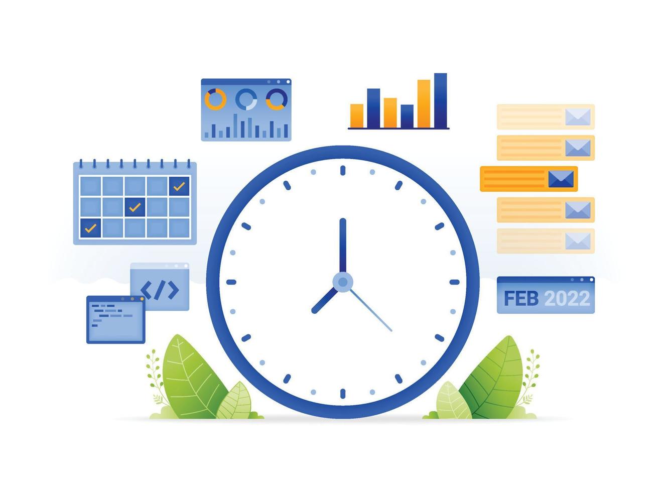 design illustration for time management in managing projects and multi tasking jobs. secluded agenda. organized work. job report statistics. can be used for web, website, posters, apps, brochures vector