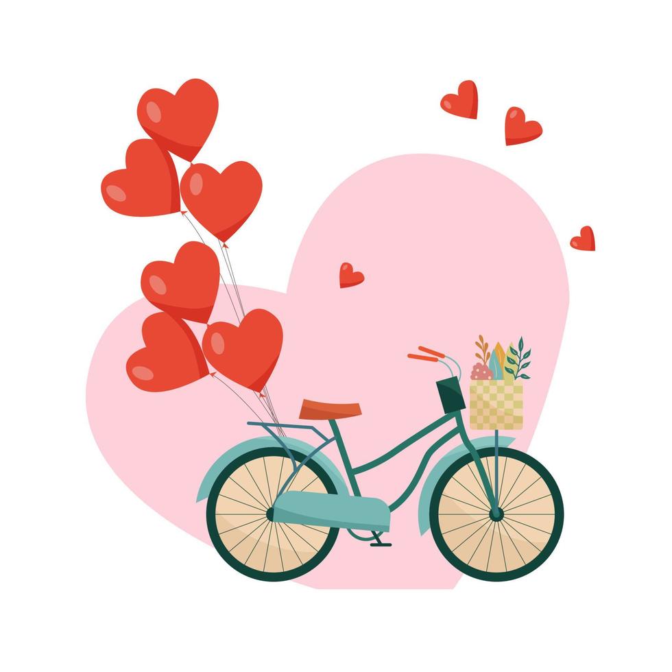 Romantic postcard. Retro bike with heart balloons vector