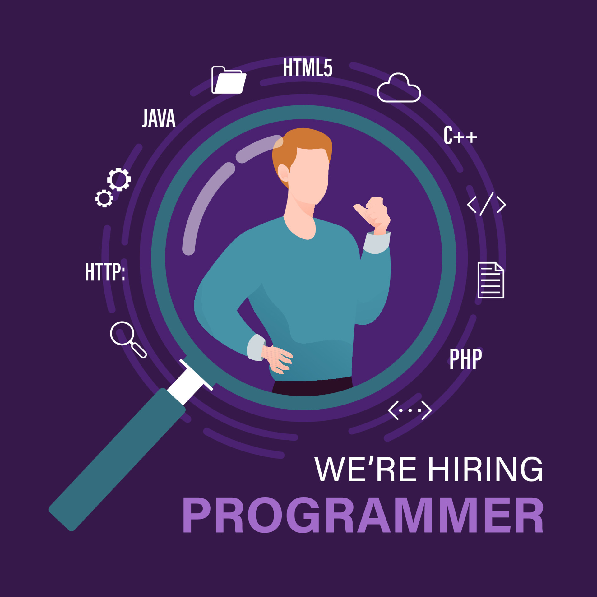 We are hiring programmer. Job vacancy template with magnifying glass ...