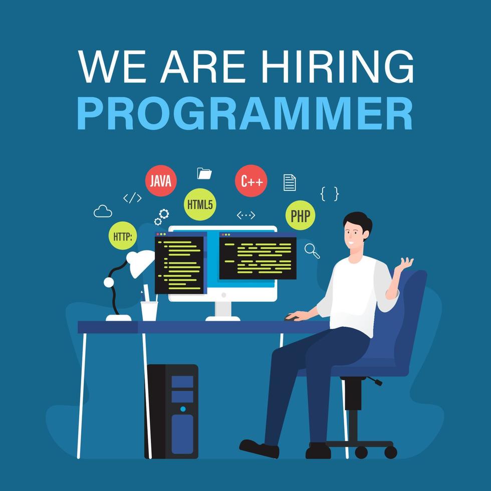We are hiring programmer. Job vacancy template with people illustration vector