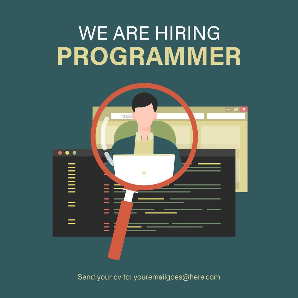 Programmer job vacancy template with magnifying glass searching people illustration vector