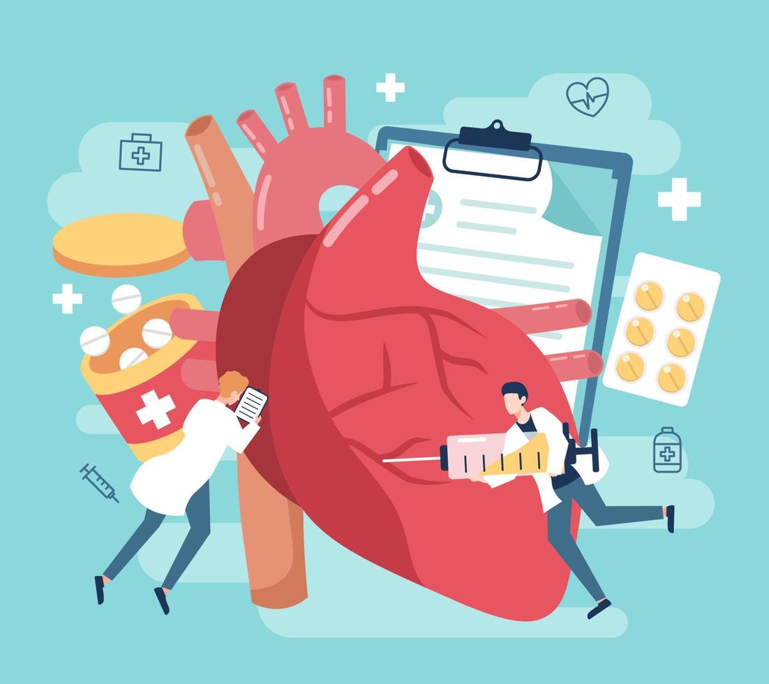 Heart disease treatment with medicine and people illustration vector