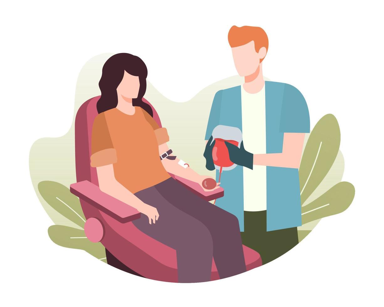 mujer donando su sangre. ilustración de donación de sangre vector