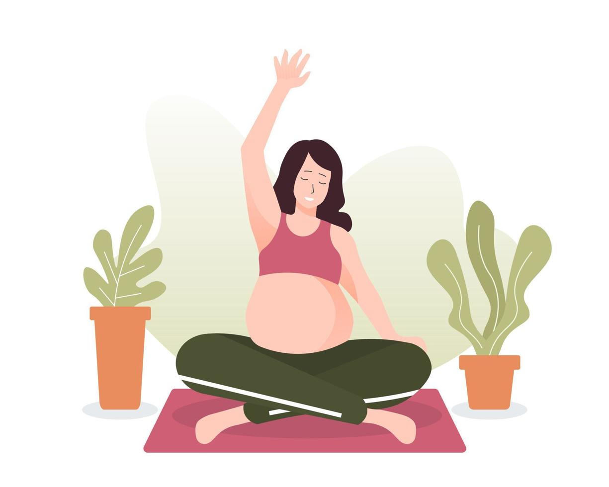 mujer embarazada haciendo ejercicio en casa. yoga para ilustración embarazada vector