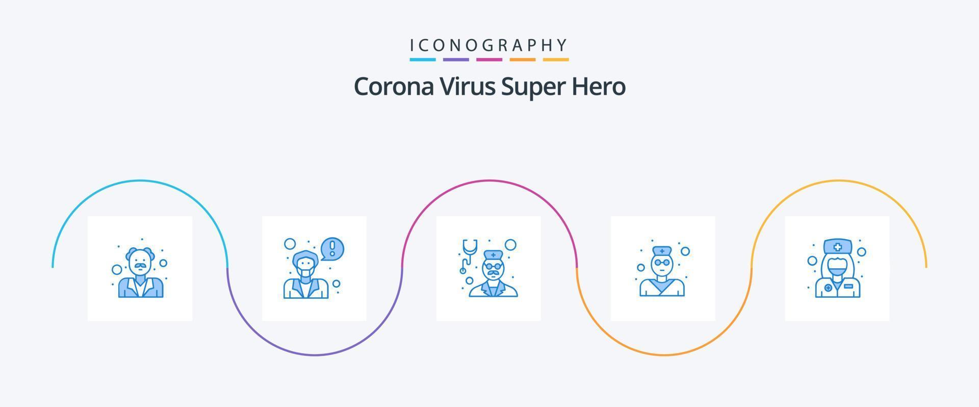 corona virus super héroe azul 5 paquete de iconos que incluye niña. estetoscopio. cuidado de la salud. médico. médico vector