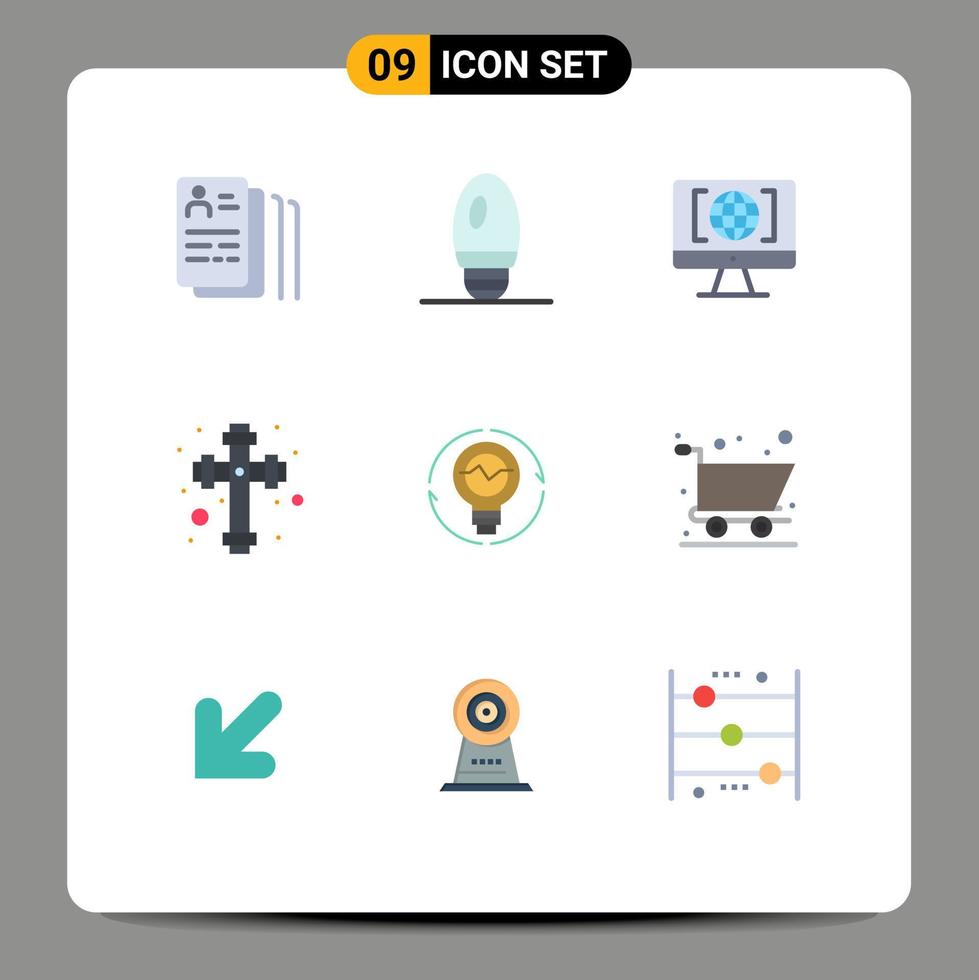 Mobile Interface Flat Color Set of 9 Pictograms of idea concept internet bulb christian Editable Vector Design Elements