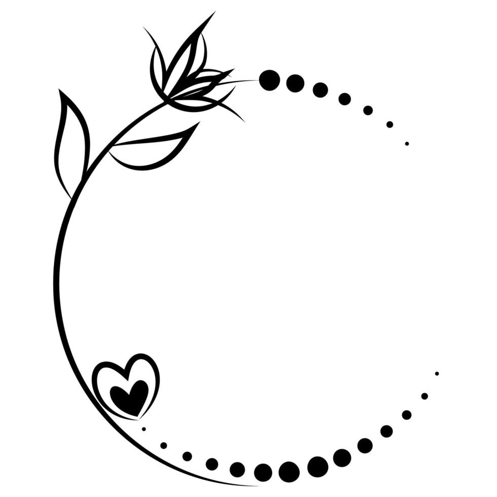 Floral frame moon with flower and heart in linear style. Crescent moon for tattoo design, card, logo, wedding invitation vector