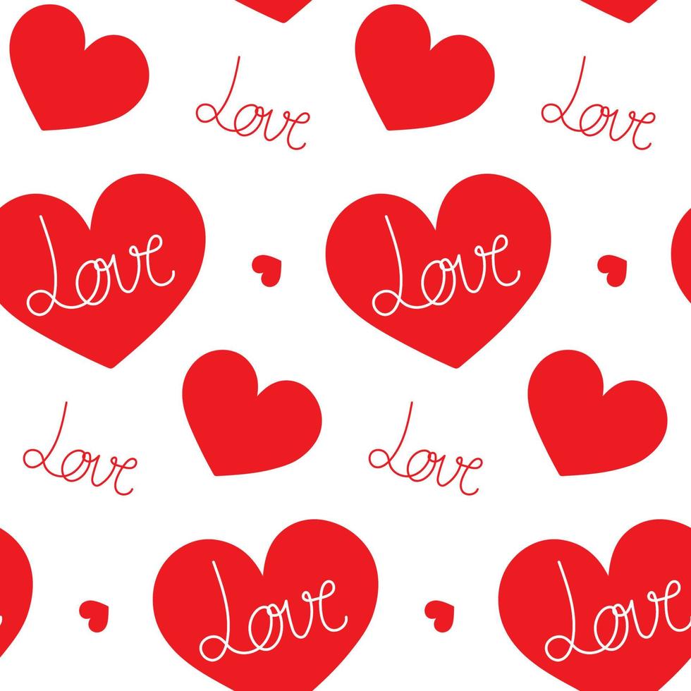 Seamless pattern with red hearts and text love on a white background. Wrapping paper for valentine's day, wedding vector