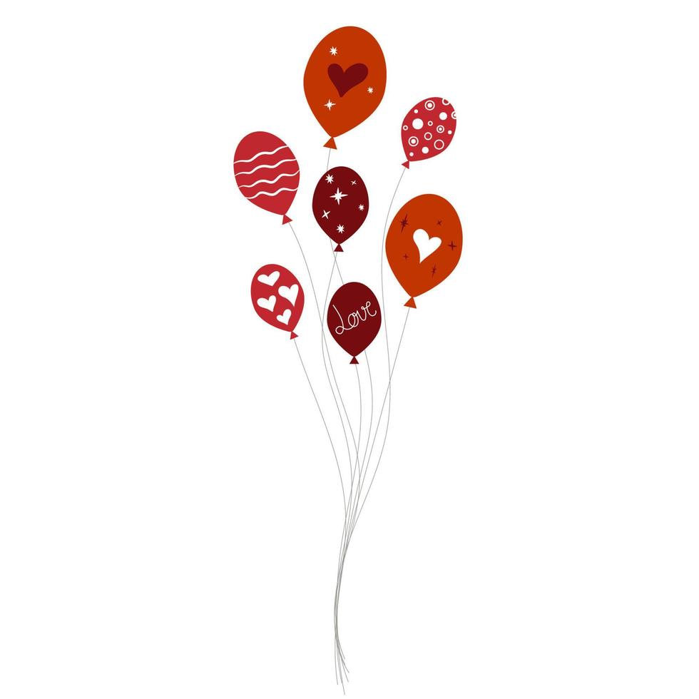 Red balloons with pictures of hearts, text Love, stripes and dots. vector illustration for valentine's day, wedding, birthday.