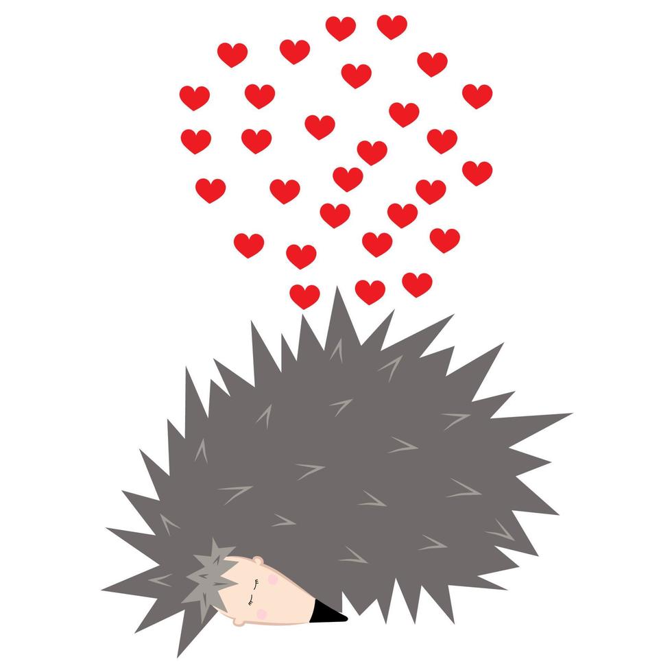 Spiny sleeping hedgehog with red hearts on a white background. Character for valentine's day, wedding, birthday. card vector