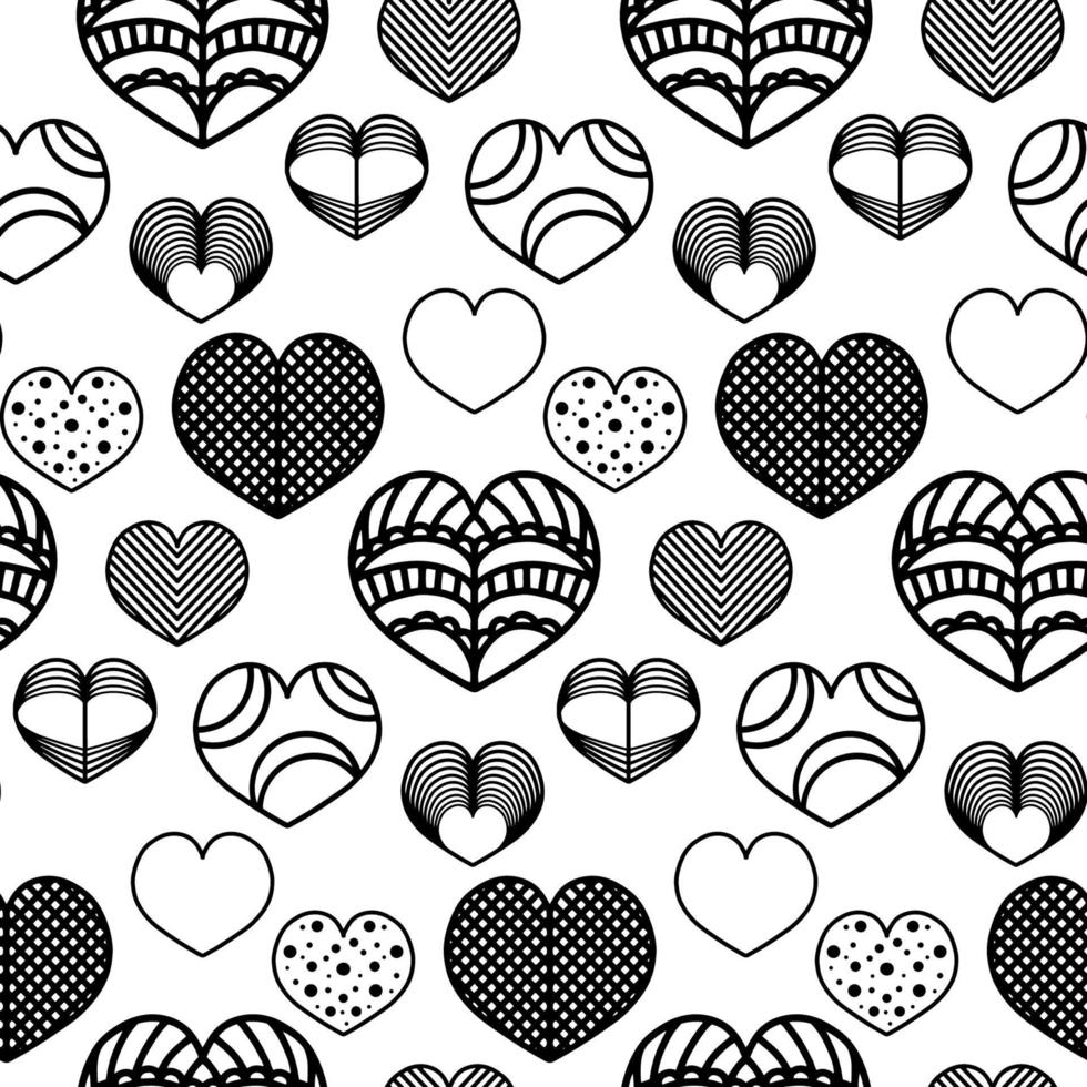 Abstract seamless pattern with ornamental hearts. Ink doodle illustration, coloring book. Black and white background. vector