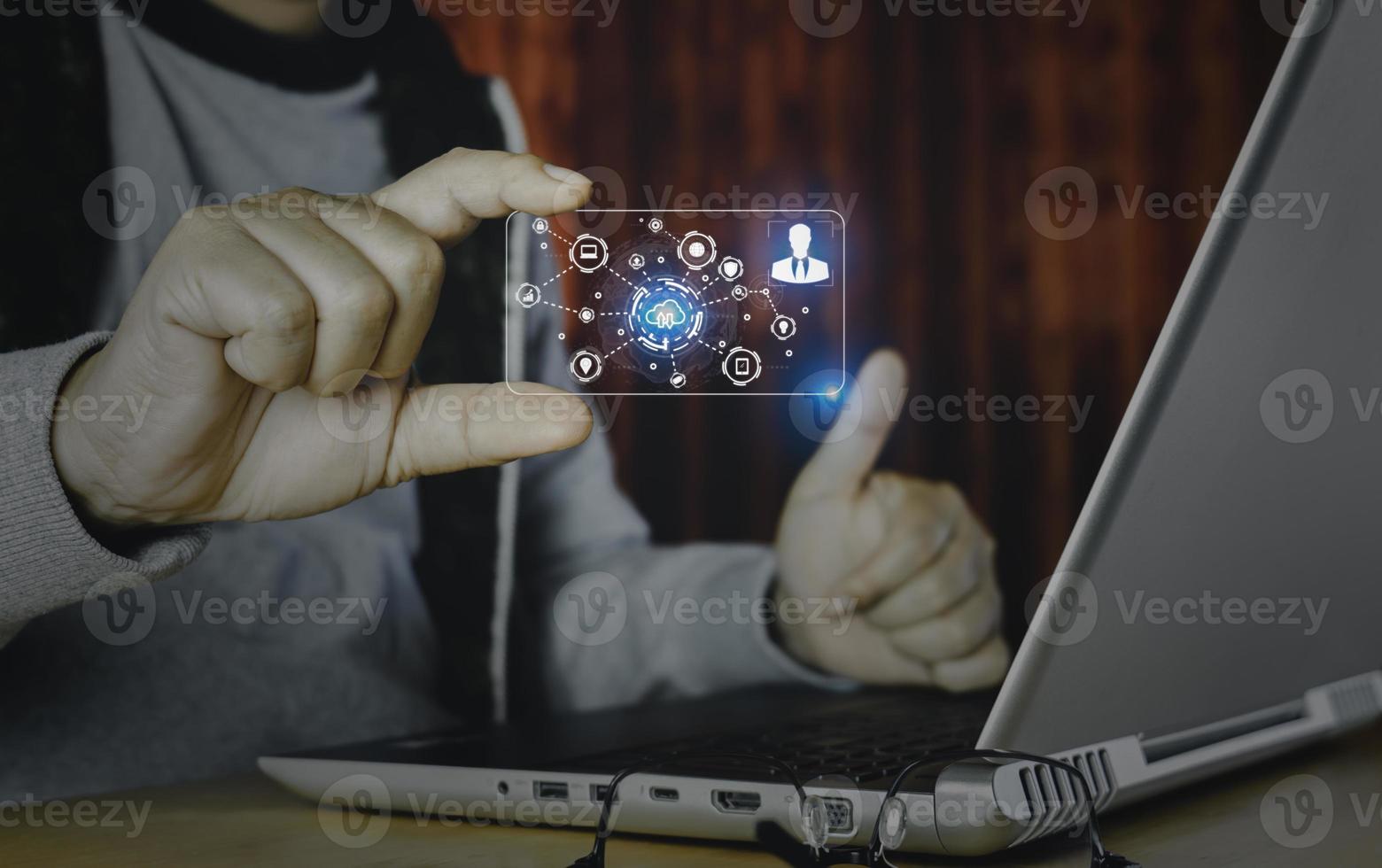 Hand of businessman holding digital identification card and technology network and communication with line and business concept. photo