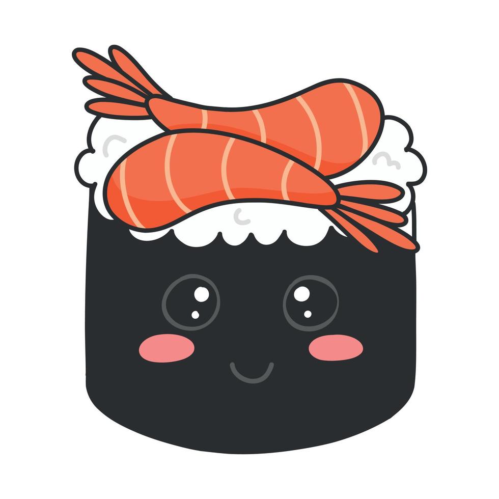 Shrimp sushi in kawaii style. Cute Japanese sushi with a smile. Vector illustration. Cartoon style. Sushi restaurant logo. Funny sushi character.