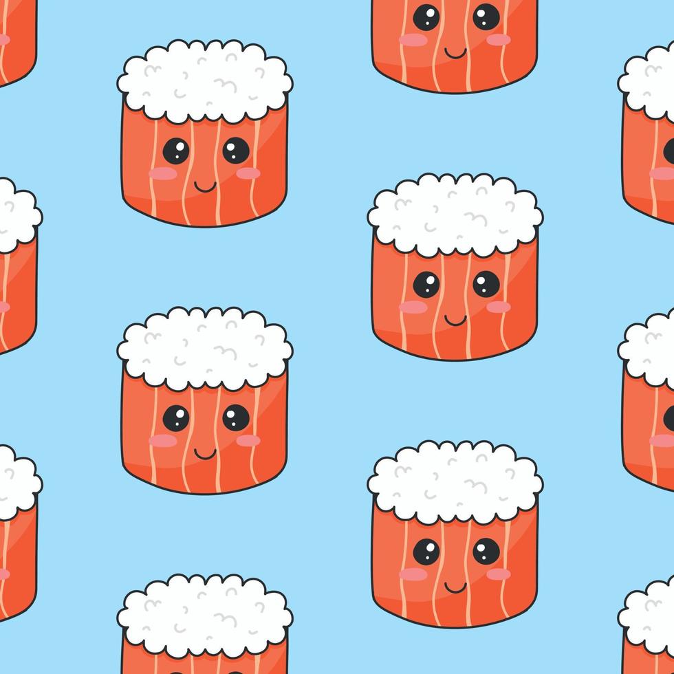 Seamless sushi pattern with fish in kawaii style. Sushi in kawaii style. Cute cartoon face rolls. Vector illustration.