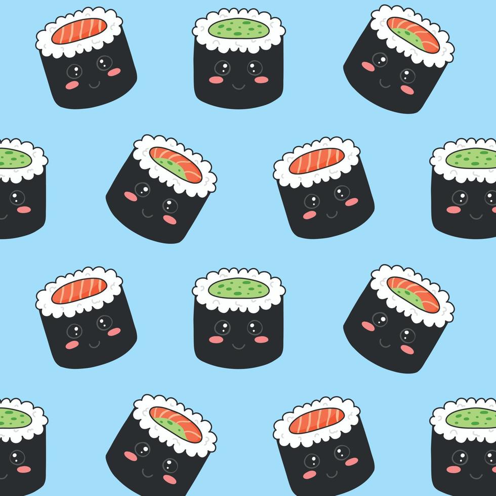 Seamless pattern with sushi in kawaii style. Sushi in kawaii style. Cute cartoon face rolls. Vector illustration.